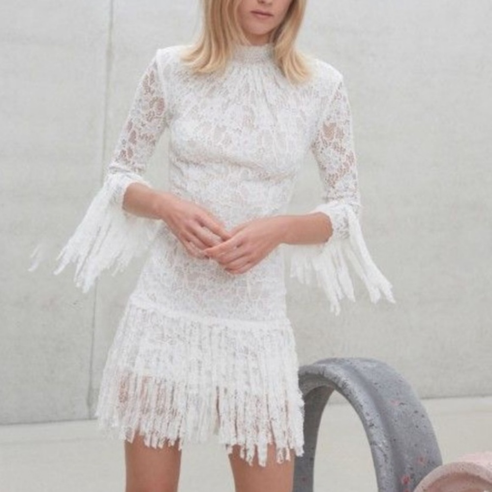 Alexis Sonia White Lace Fringe Dress M